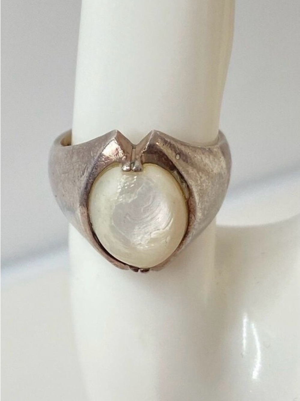 Vintage Brutalist Pearl Sterling Silver Ring Size 8 Mid Century Modern Jewelry